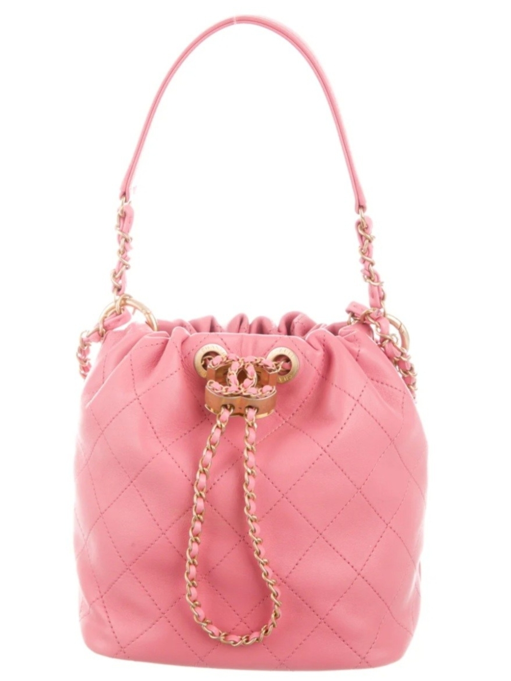 EUC CHANEL Pink Quilted Drawstring Bucket Bag with Gold Hardware
